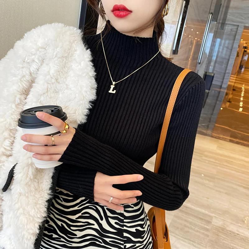 Твердые тонкие свитера, женские вязаные пуловеры, верхняя одежда с высоким воротом и длинными рукавами, джемперы