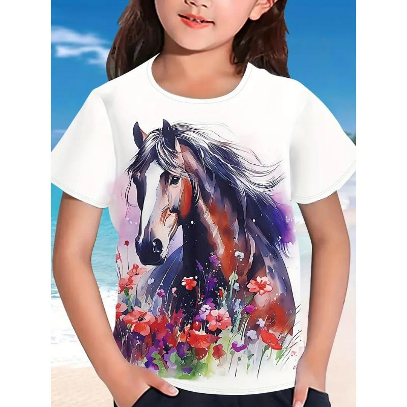 Новая мультяшная футболка детская футболка с коротким рукавом свободная повседневная с рисунком лошади топы для девочек