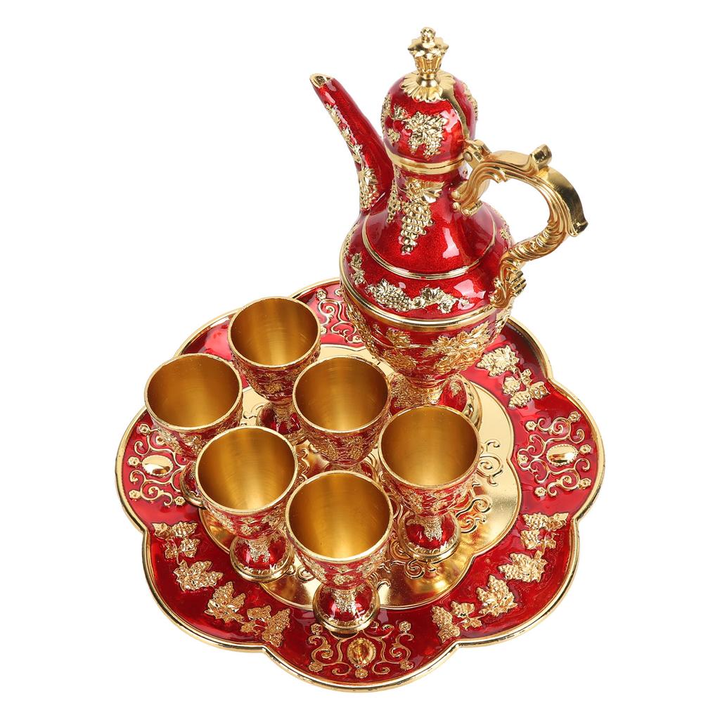 Turkish Coffee Pot Cup Set Vintage Exquisite Elegant Metal Tea Pot Set with 6 Cups for Tea Table