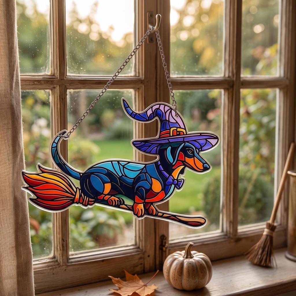 Halloween Riding Acrylic Pendant - Witch Hat Dog Ornament for Decor