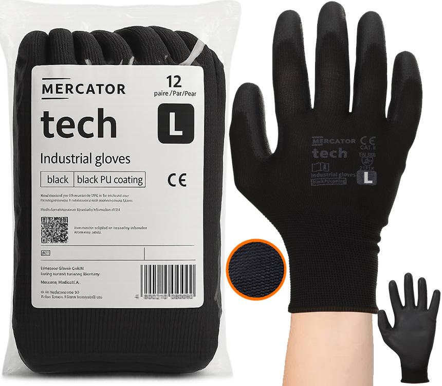 Rękawice Robocze Mercator Tech Black+Black Pu - L - 12 Par