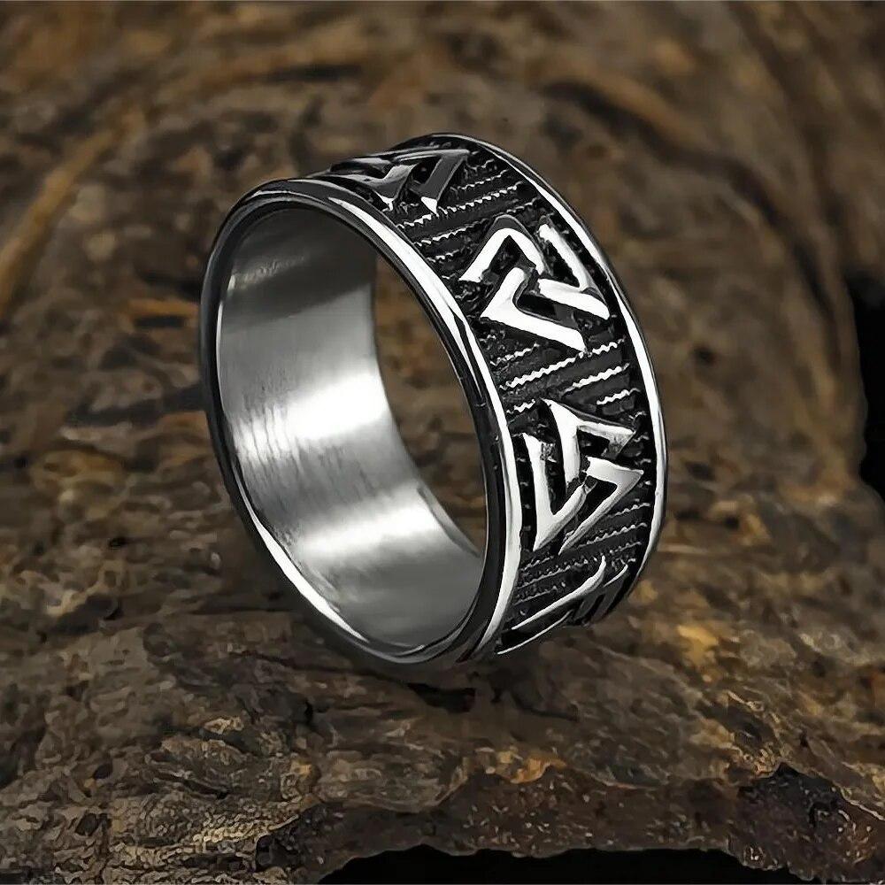 Men Biker Nordic Viking Rings Stainless Steel Retro Nordic Ethnic Belief Odin Viking Rune Ring Men Amulet Jewelry