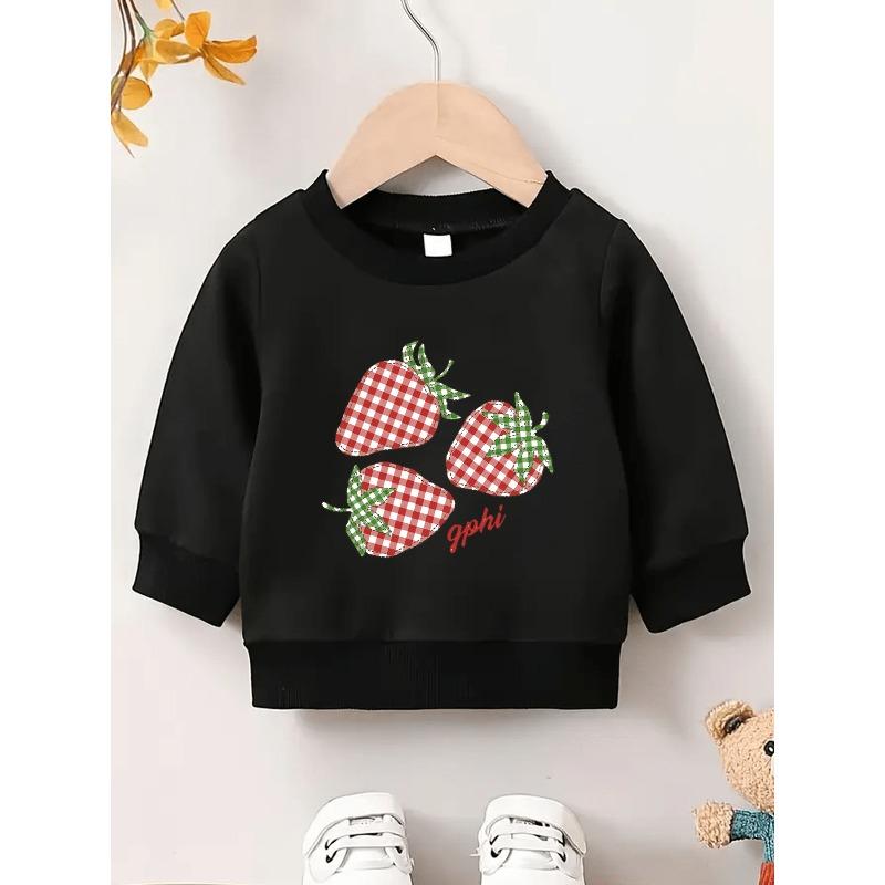 European sizes Plaid Strawberry Print Design, Durable And Wrinkle-Resistant Thin Round-Neck Sweatshirt for Kids Aged 0-3 Years