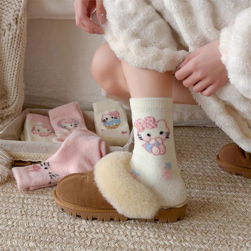 1/4/6 пар милых носков Hello Kitty Осень Зима Утолщенные Теплые Носки Женские Носки до середины икры Девочки Студенты Домашние Носки для Сна Подарок