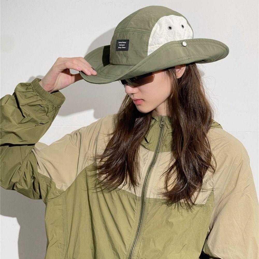 Splicing Color Drawstring Fisherman Hat Cotton Hiking Hat Breathable Wide Brim Sun Hat Travel