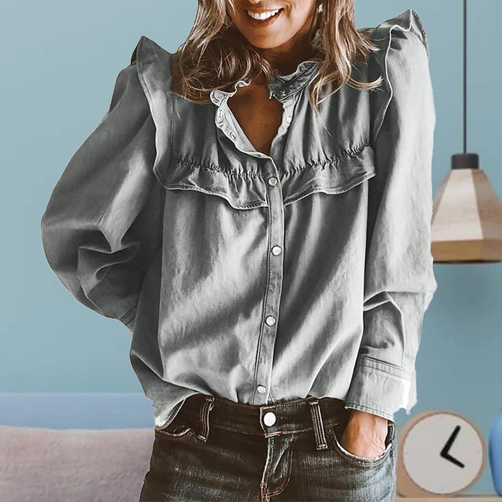 Women's Loose-fitting And Casual Long-sleeved Solid-color Denim Shirt