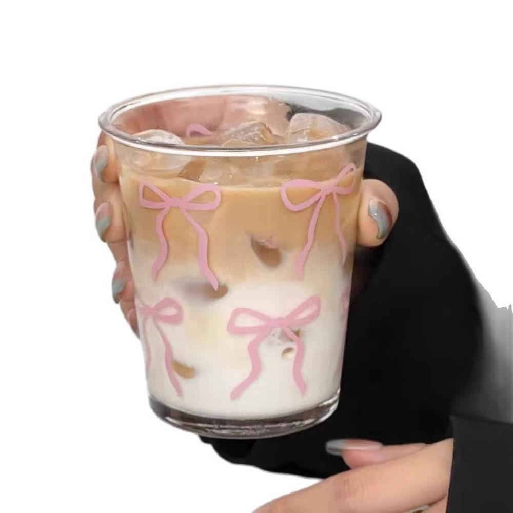 Drinkware Glass Cup Pink Bow Transparent Mug New Drinking Cup  Dessert