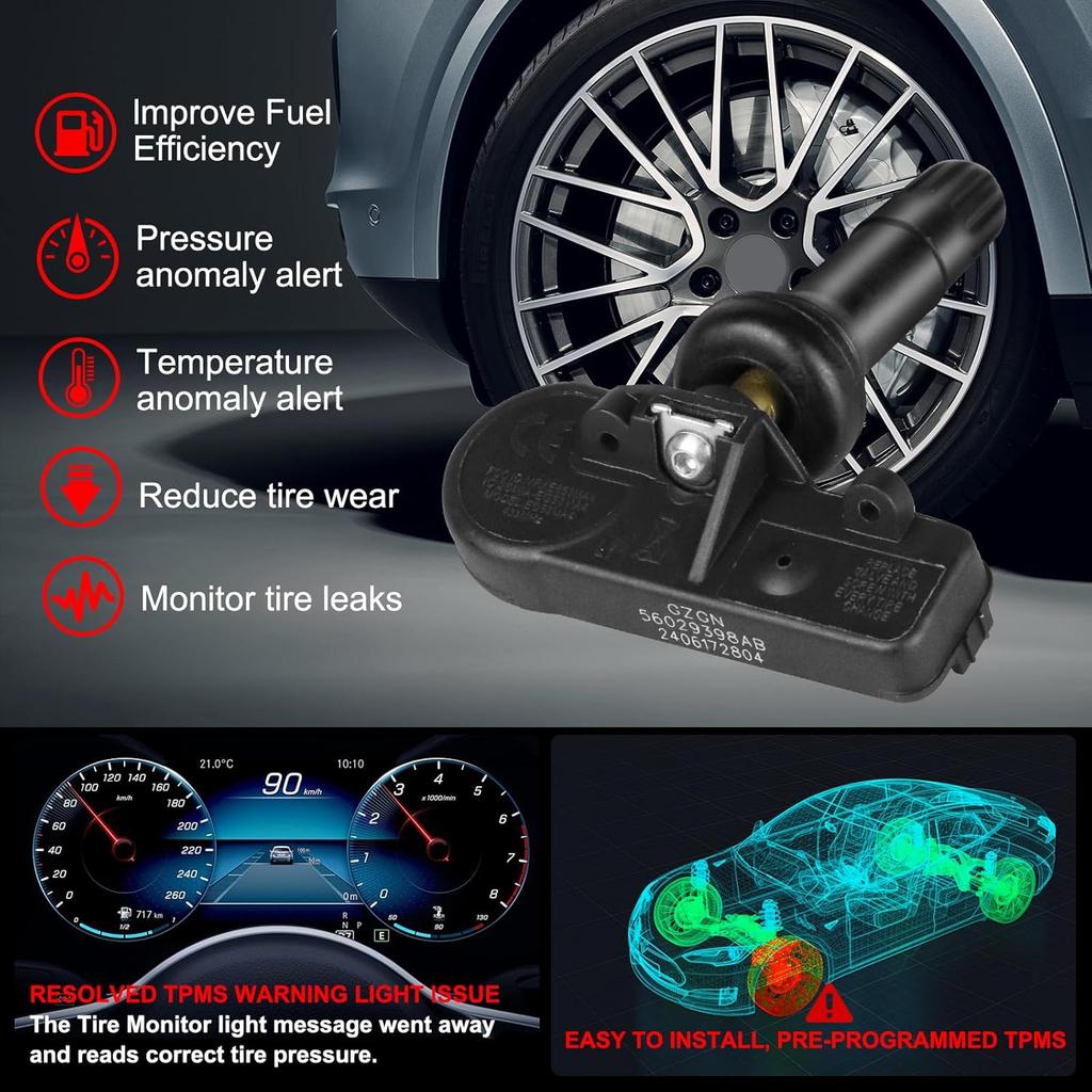 Датчик TPMS, совместимый с Chrysler Dodge Jeep Ram Fiat - 4 шт., предварительно запрограммированный, 433 МГц, датчик контроля давления в шинах для 300 Durango Challenger