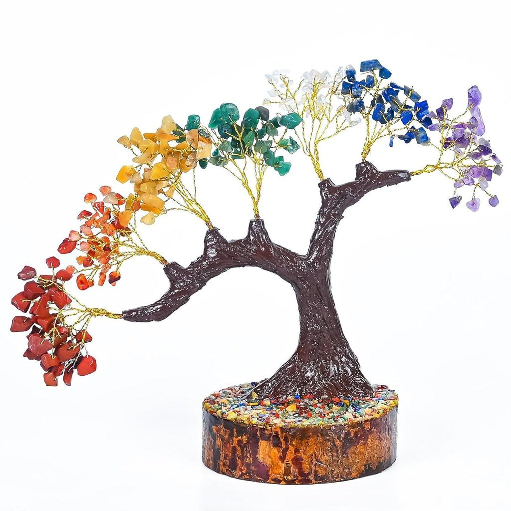 Seven Chakra Crystal Tree – Handmade Feng Shui Bonsai Tree with Natural Gemstones on Wooden Base – Decorative