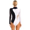 Womens Color Block Patchwork Leotard Sparkle Rhinestone Sheer Mesh Long Sleeve Bodysuit Gymnastics Acrobatics Dancewear