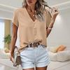 Women's V-Neck Short Sleeved  Solid Color Fashionable Button Top