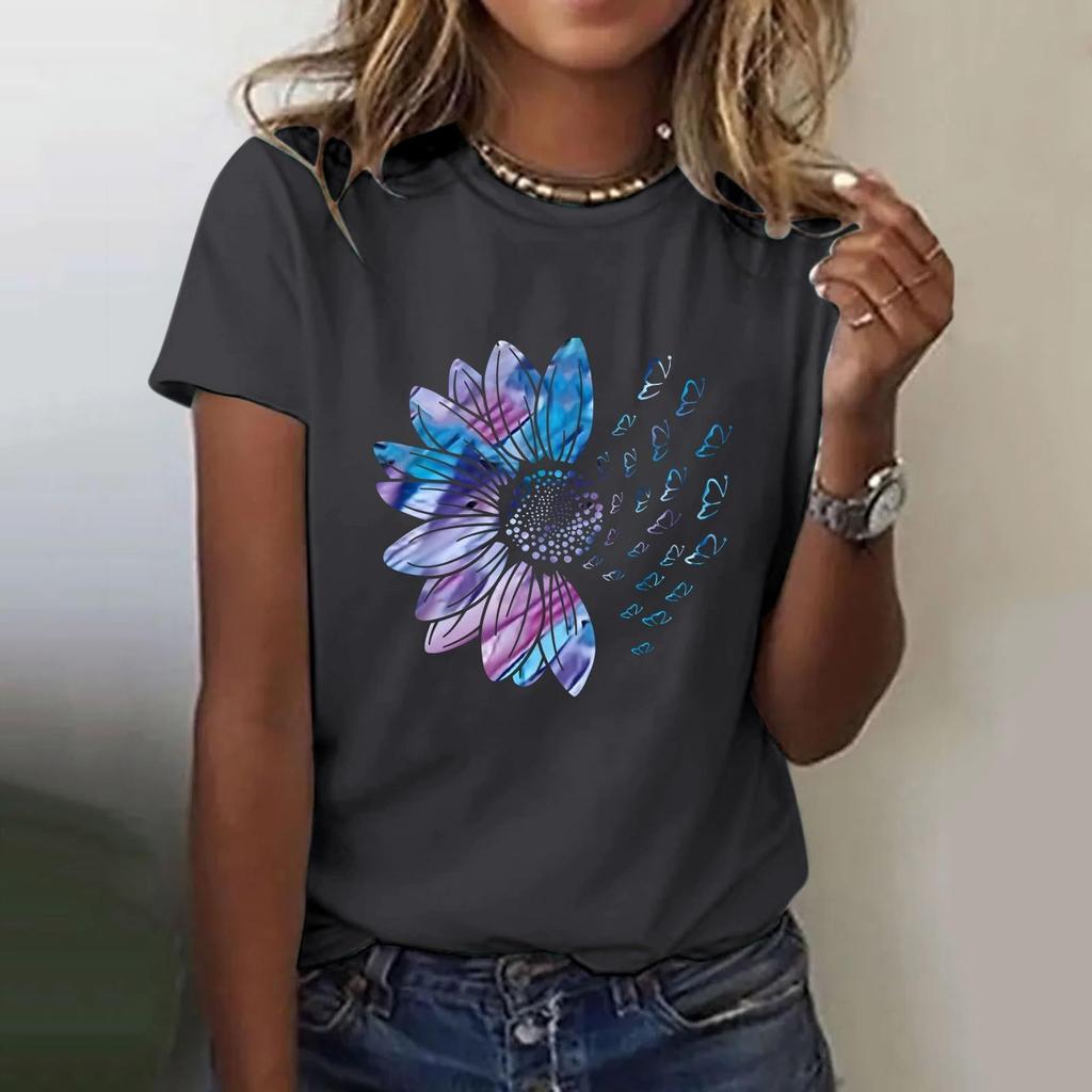 Женская повседневная футболка с короткими рукавами и круглым вырезом с цветочным принтом Топ