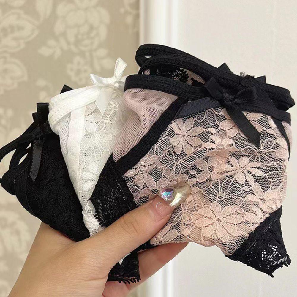 Ruffle Lace Flower Transparent Briefs Patchwork Mesh Floral Bowknot Panties Comfortable   Lady