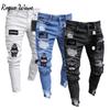 RogueWave White Embroidery Skinny Ripped Jeans Men Cotton Stretchy Hole Slim Fit Hip Hop Denim Pants Casual Jeans for Men Jogging Trousers