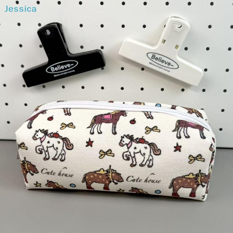 Cute Horse Print Pencil Case – Canvas Zipper Pouch For Stationery Cosmetics  Daily Essentials