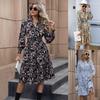 Elegant Long Sleeve V Neck Flower Printed Women One Piece Dress