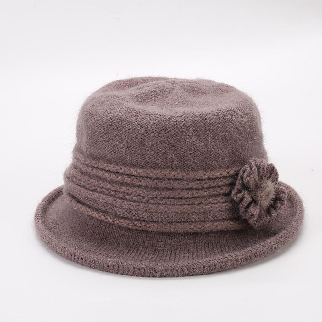 Women's Knitted Women's Rabbit Proof Wool Pot Hat Autumn Winter Thickened Warm Keeping Mother's Hat Flower