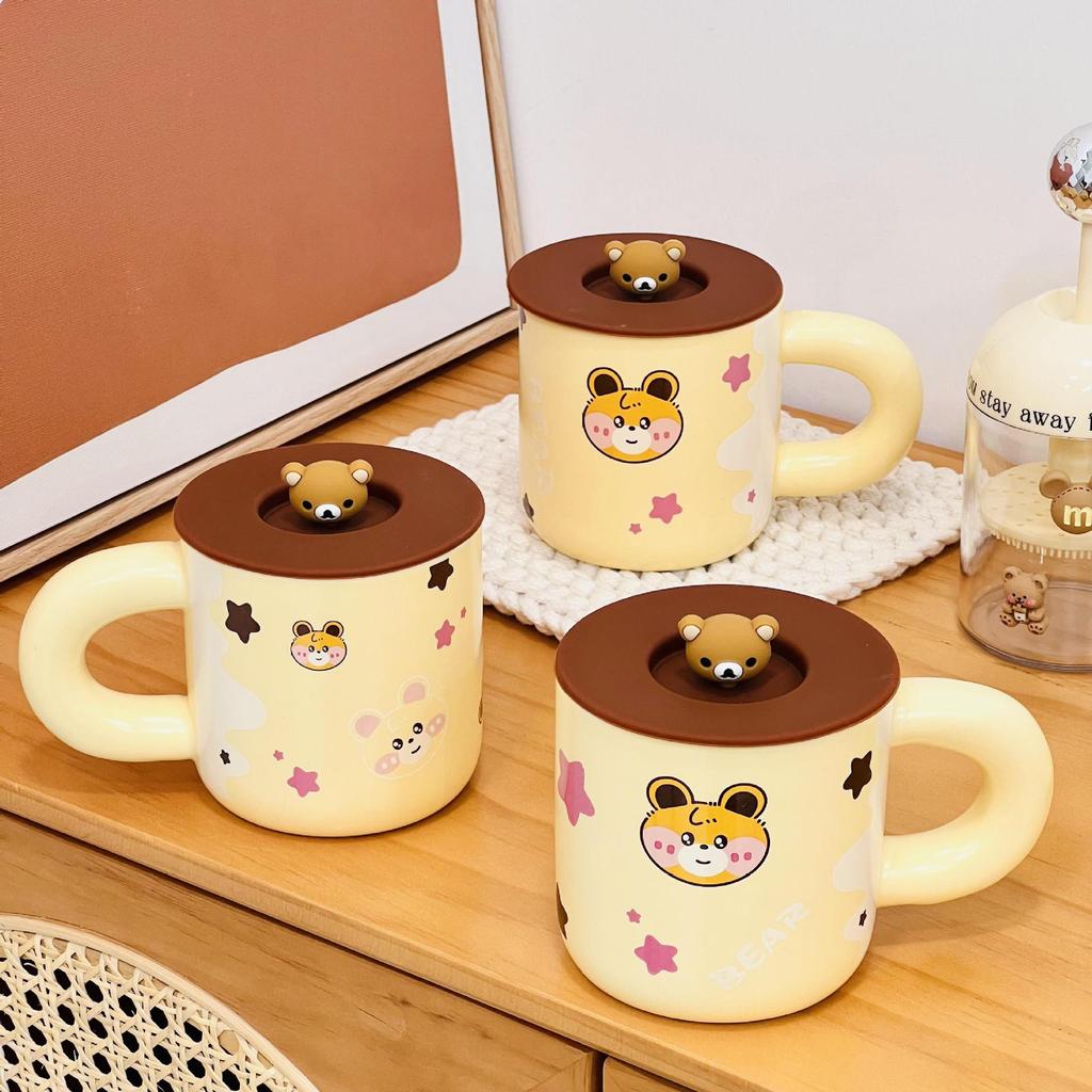 New Cartoon Ceramic Cup with Lid Bear Mug Household Set Water Cup High Value Large Capacity Cup