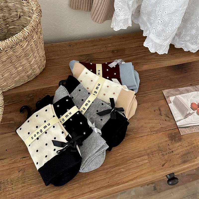 Женские носки в горошек с милым бантом для девочек JK Lolita Kawaii, носки в корейском стиле, в стиле Харадзюку, в стиле ретро, в уличном стиле, хлопковые носки средней длины