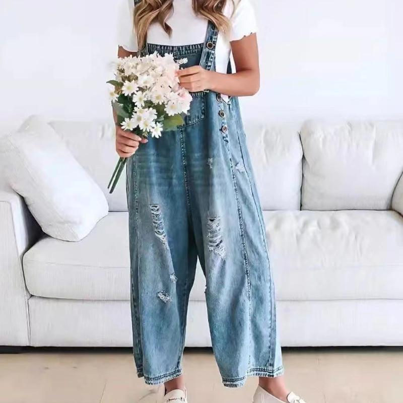 Модные ретро потертые отверстия свободные широкие штанины удобные повседневные джинсовые комбинезоны женские