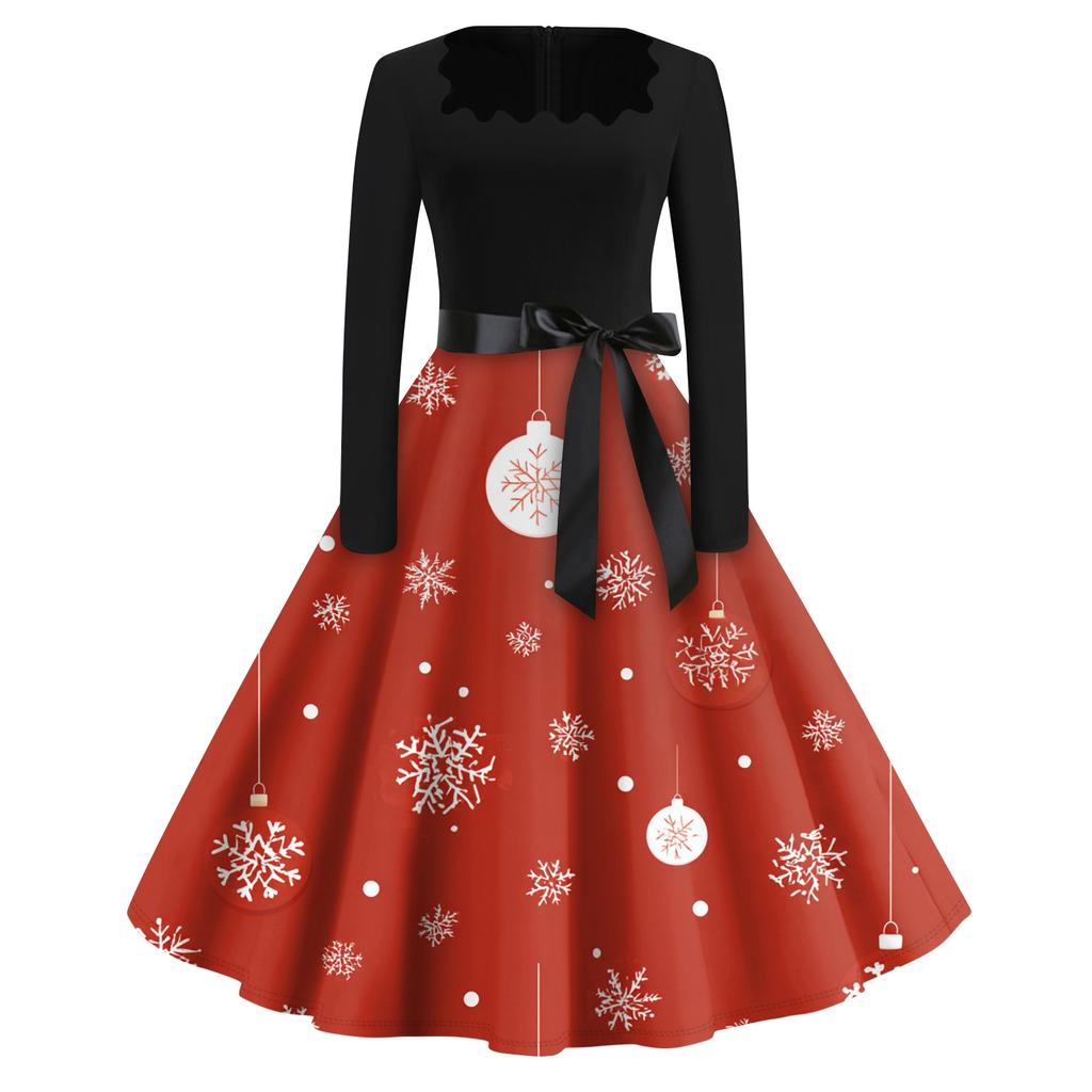 Christmas Print Flare Dress For Women Long Sleeve Dress Hollow Party Casual Square Collar Dresses