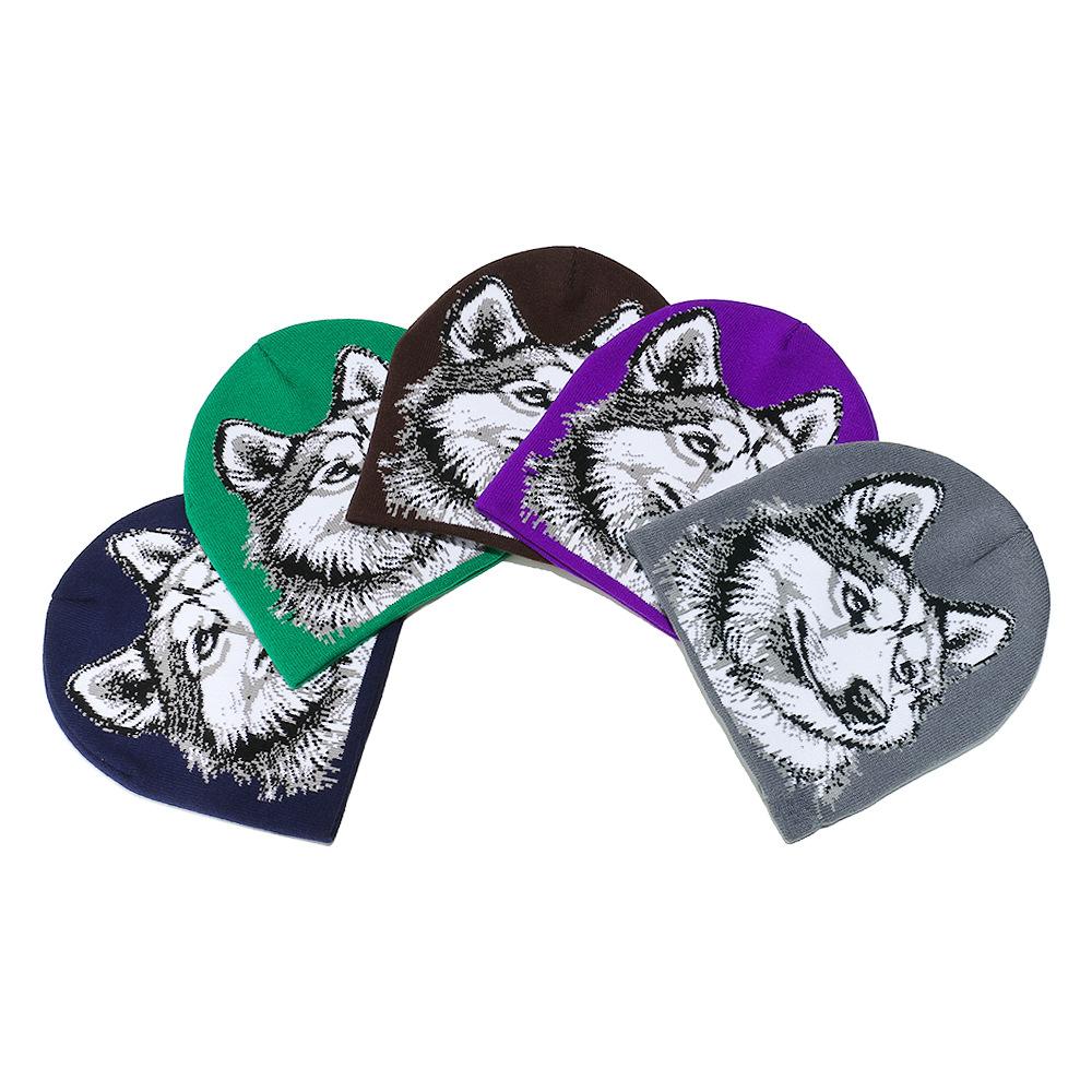 Шапка-пуловер Temu на осень и зиму, студенческая шапка для защиты ушей от холода, вязаная шапка с изображением головы волка