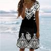 Summer Fashion Women's V Neck Short Sleeve Retro Pattern Printed Dress Sex Short Skirt Dresses