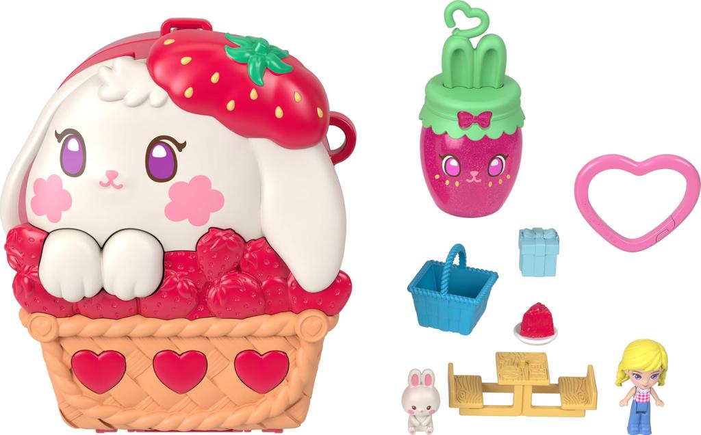 Polly Pocket Doll & Playset, Strawberry Picnic Bunny Compact.