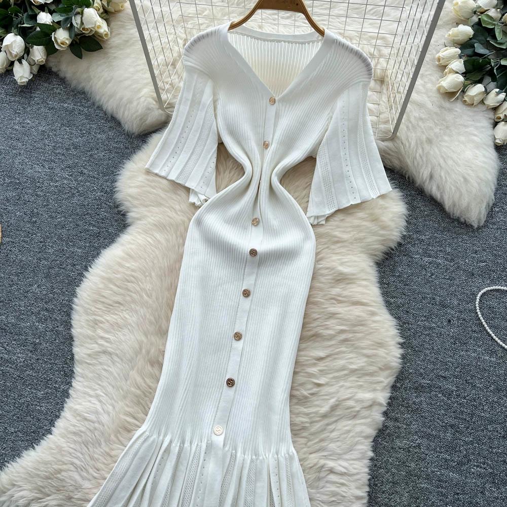 Летние женские элегантные платья-свитера облегающего кроя с V-образным вырезом и застежкой на одну пуговицу, длинные макси с юбкой «рыбий хвост»