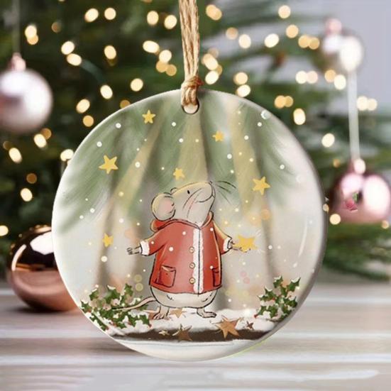 Рождественское украшение, круглая акриловая подвеска на елку, мультяшная крыса в красной куртке, подвесное украшение для рождественской елки, автомобиля, домашнего декора