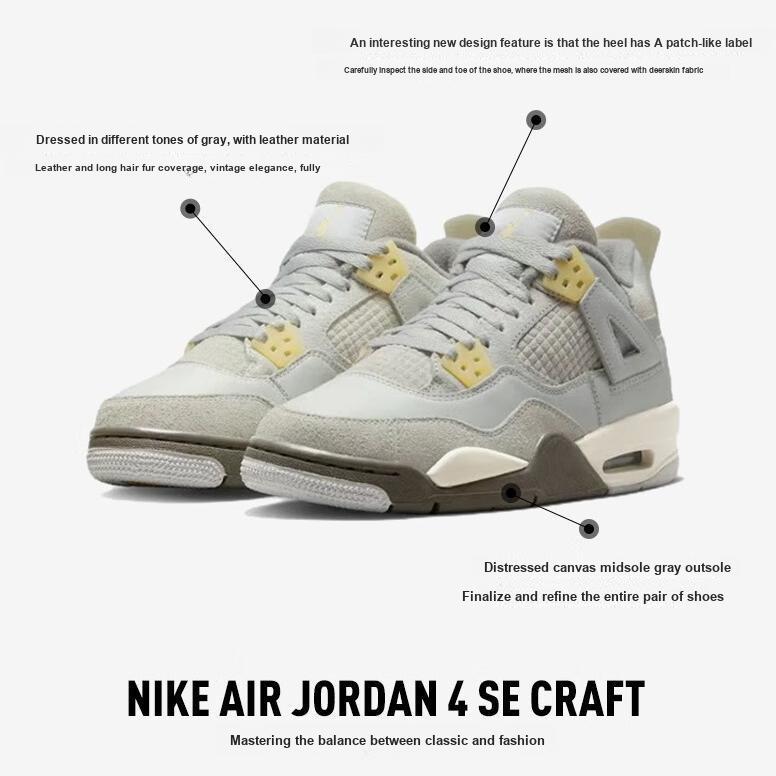 Детские кроссовки Air Jordan 4 Retro SE Craft GS Photon Dust серые бледно-ванильные с белым DV2262-021