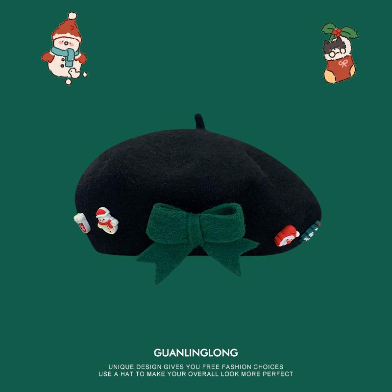 Рождественский берет с бантом для девочки, детская шерстяная теплая шапка для родителей и детей, рождественский подарок, шляпа художника