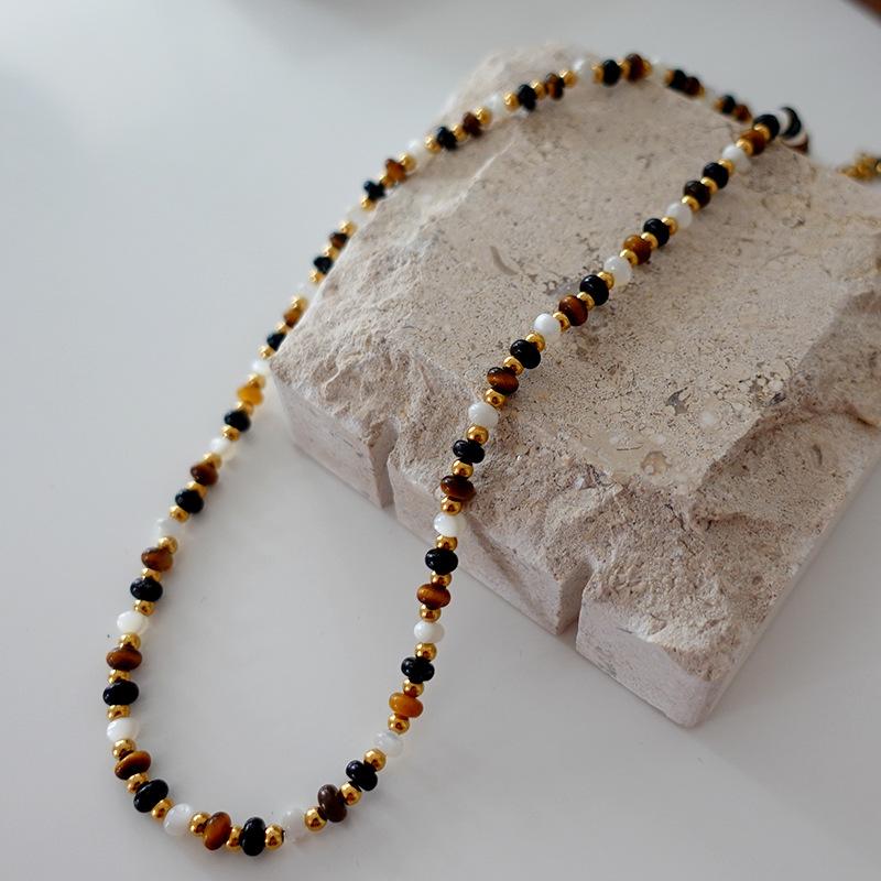 Ожерелье из бисера «Тигровый глаз» с овальным узором Майяра, цепочка для свитера премиум-класса из титановой стали, винтажный кофейный оттенок, натуральный камень, ключичная цепочка