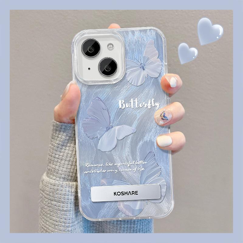 Подходит для чехла для мобильного телефона Apple 15 Летний Iphone14 Матовый синий Подставка-бабочка 13pm Перьевая пряжа Лазерный 12 Женский