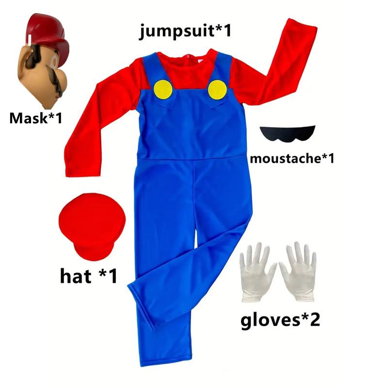 Game Brothers Funny Uniform Set Plumber Role-Playing Costume Boys' Jumpsuit Girls' Dress Halloween Costume with Accessories