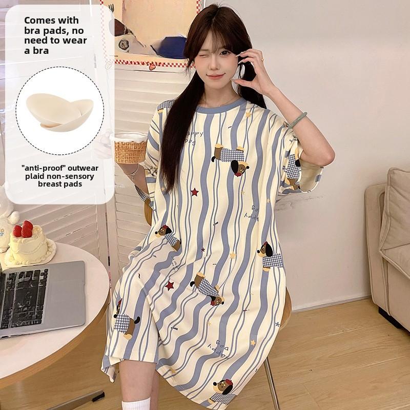 Женские ночные рубашки с коротким рукавом и нагрудными подушечками, женская летняя домашняя одежда с мультяшным принтом, милая ночная рубашка для девочек, размер плюс 3XL, домашняя одежда