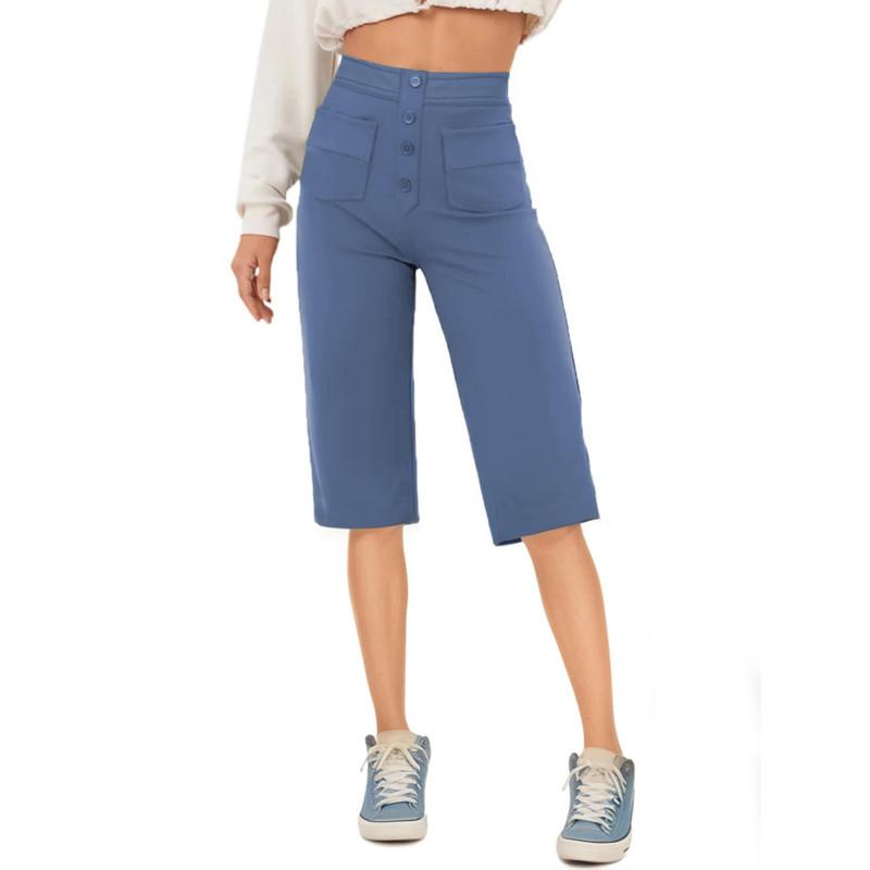 Модные женские повседневные прямые брюки с высокой талией и пуговицами, эластичные узкие шорты
