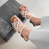 Fashion NEW Summer Women Sandals Split Leather Shoes for Women Open Toe Ankle Strap Shoes Square Toe Strange Heel Narrow Band Sandals