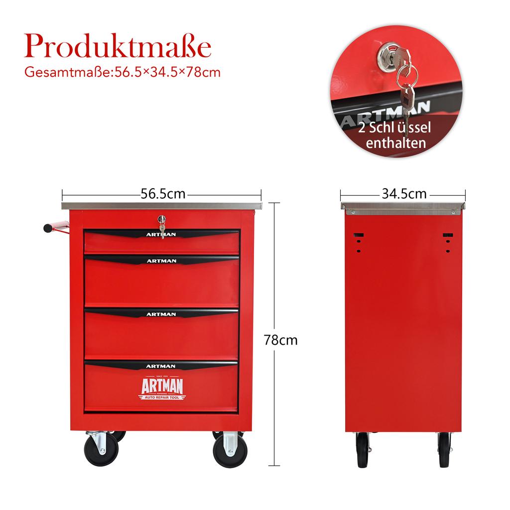 4-Drawer Multifunctional Tool Trolley with Casters, for Garage, Workshop, Warehouse and Repair Shop – with Stainless Steel Worktop – Color: Red