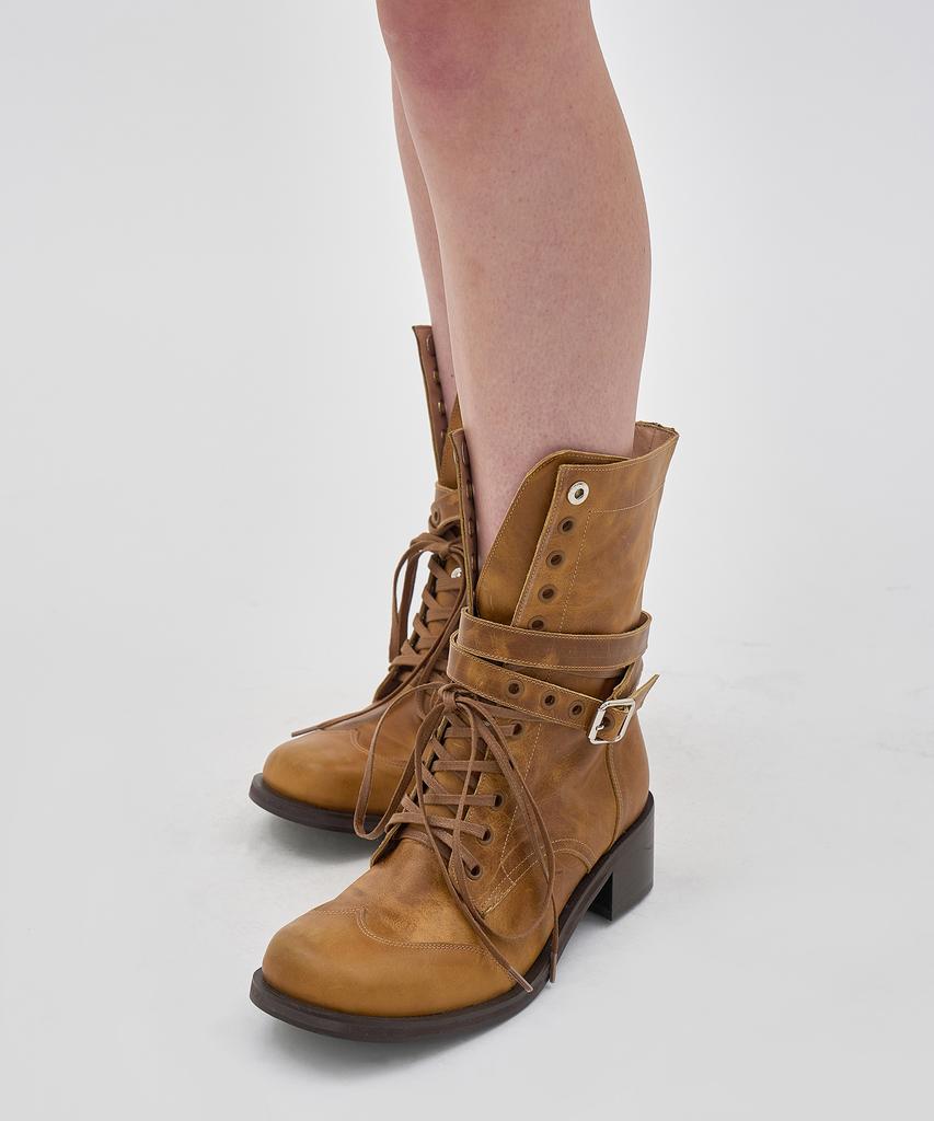 Partimento Women Leather Buckle Strap Lace-Up Boots_Camel