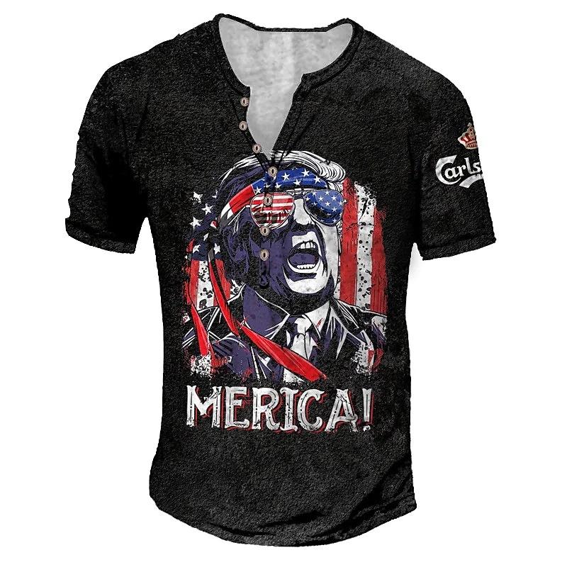 2023 Новая летняя модная футболка в винтажном стиле с коротким рукавом, мужские приталенные футболки с V-образным воротником и пуговицами, топы.