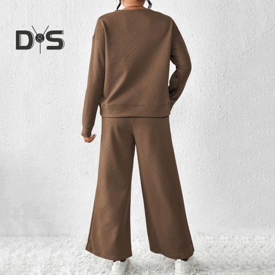 2 шт./комплект женский топ брюки костюм O-образный вырез длинные рукава однотонный спортивный свитшот завязывающийся на резинке талия широкие брюки фитнес-наряд осень весна