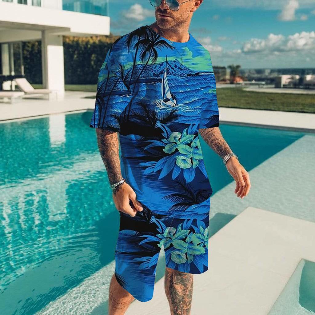 Гавайский мужской комплект, повседневная футболка, пляжные брюки, костюм, повседневный стильный мужской топ с коротким рукавом, для отдыха на природе, мужские футболки, короткий комплект из двух предметов
