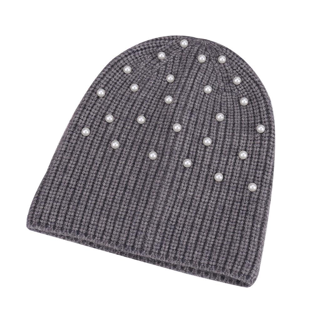 New fashionable solid color simple pearl decoration warm knitted hat outdoor travel casual versatile comfortable wool hat
