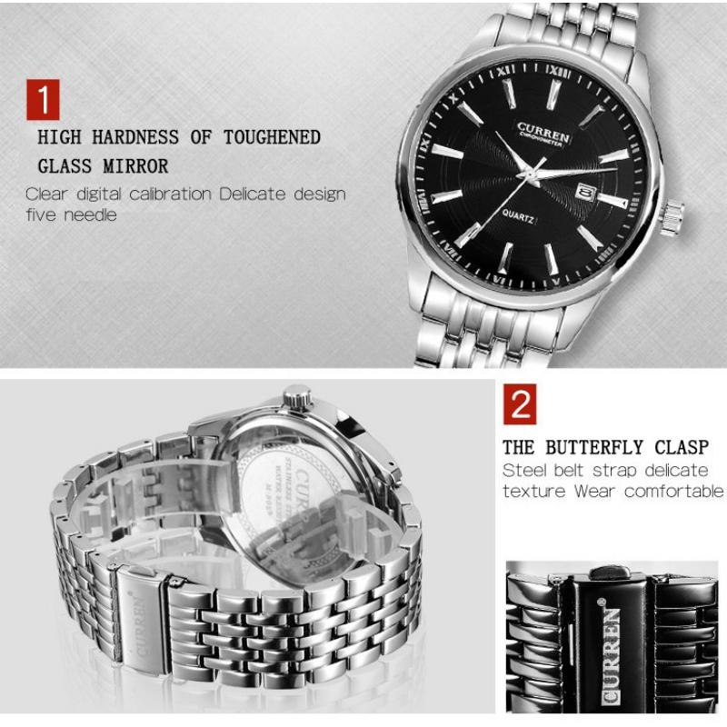 CURREN Новые лучшие мужские часы, кварцевые часы со стальным ремешком, деловые часы, часы с календарем