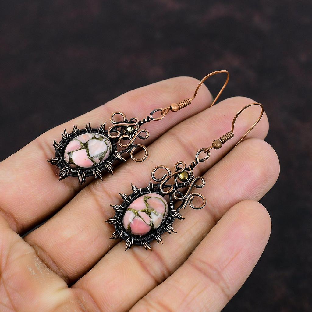 Серьги из медного розового опала, серьги из медной проволоки, драгоценные камни, розовые опаловые украшения, стильные серьги, украшения из медной проволоки ручной работы, подарок для женщин