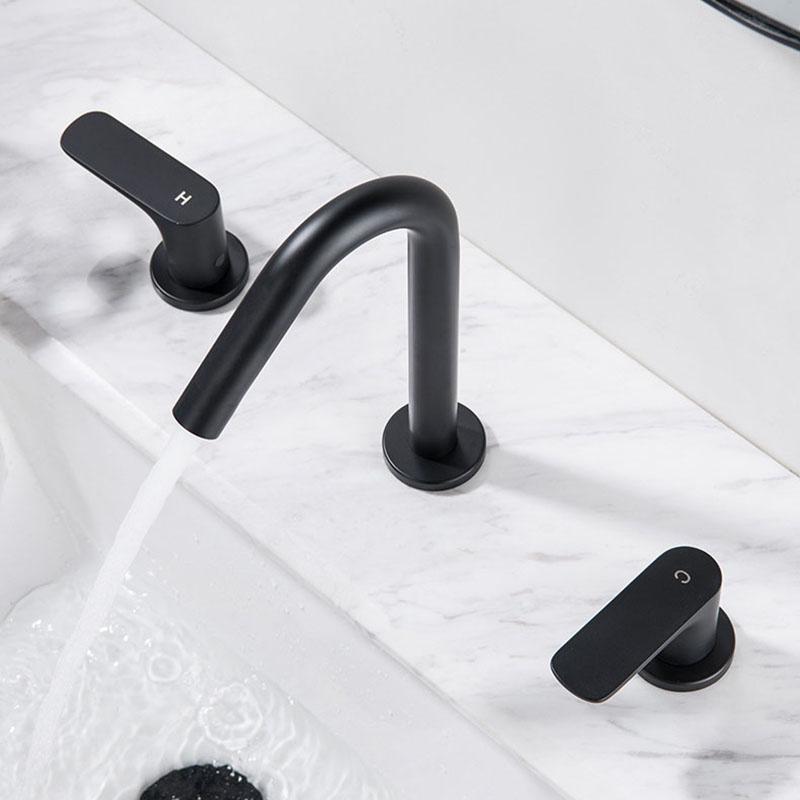 Double Handle Three Hole Bathroom Basin Faucet Black 304 Stainless Steel Hot And Cold Mixed Washbasin Faucet Black Basin Tap