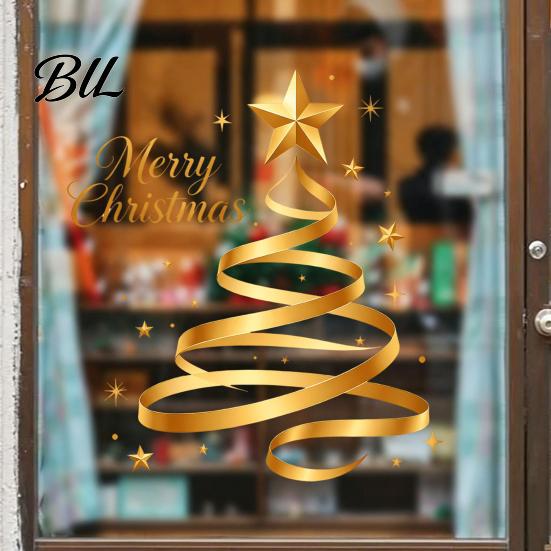 Creative Holiday Gifts Gold Ribbon Christmas Tree Static Cling Window Decal, Merry Glass Office Wall Decor Sticker with Stars, Reusable for Home Shop
