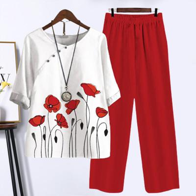 2 шт./компл. Женский комплект футболка и брюки с цветочным принтом, однотонные брюки, эластичные
