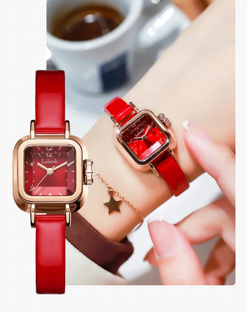 Square Leather Perfect Gift for High School Students Women's Wristwatch, Small, Stylish, Waterproof, Strap, Simple, Cute, Casual, Red,
